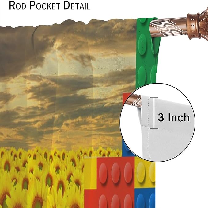 Colorful Building Blocks Sunflower Flower 3D Toy Printed Curtains, Building Blocks, Floral Sunflower Curtains, Interesting Brick 3D Design, Boys and Girls Room Curtain Panels, 2 Panels 42x63in