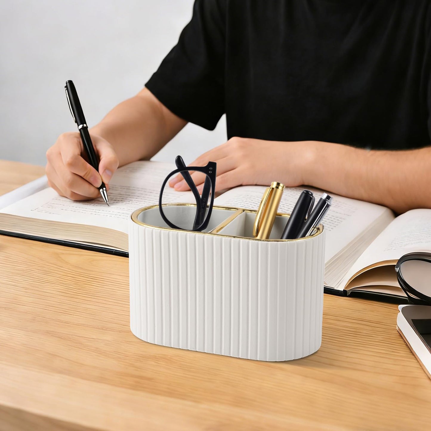 XNONE PU Leather Desk Organizer,Pen Holder,Small Remote Control Holder Pencil Cup Multifunctional Nightstand Organizer Caddy for Home School Office Desk Accessories,2 Compartments (Cream White)