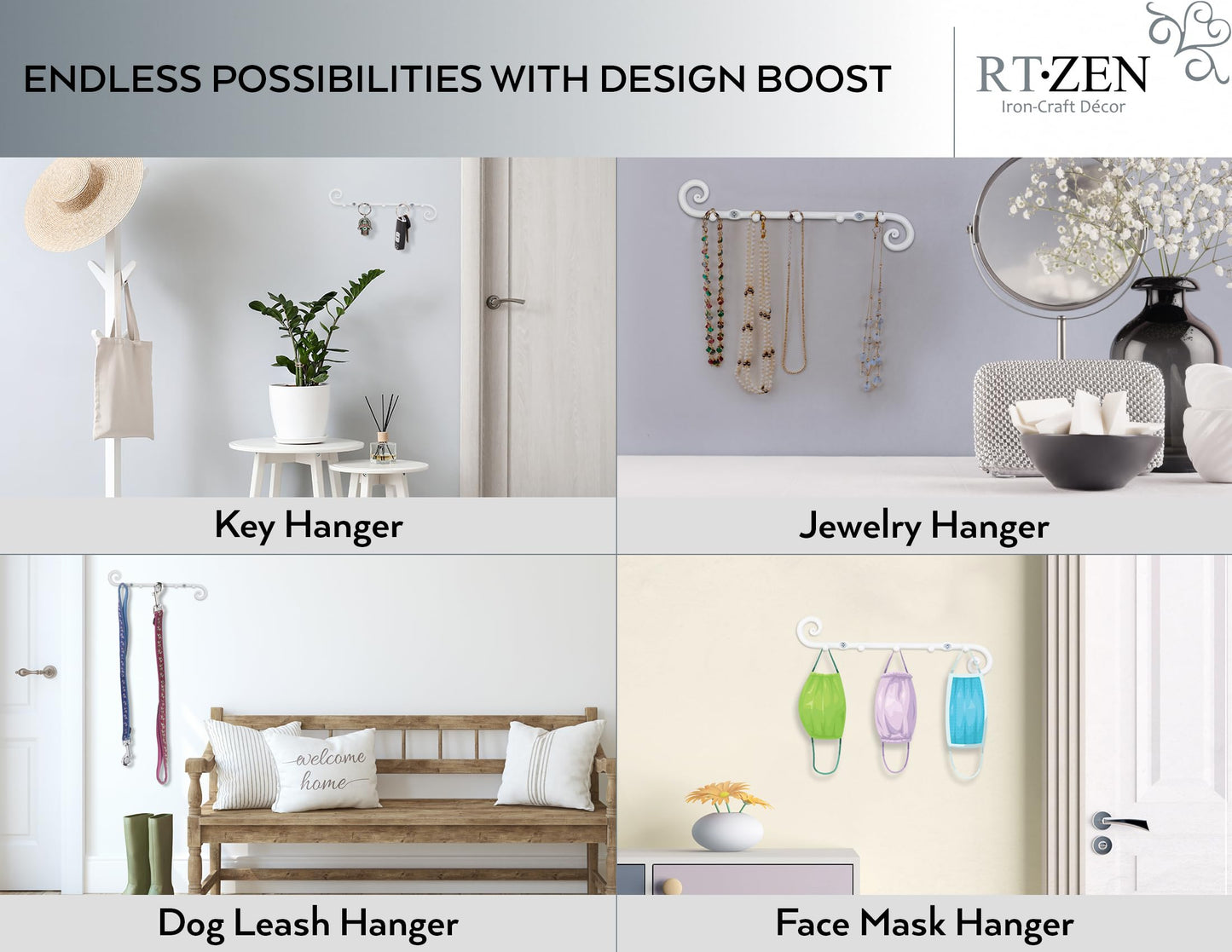 RTZEN Farmhouse Small Key Holder for Wall - Handcrafted Swirl Decorative 5 Key Hooks for Home Entryway - Wrought Iron Wall Mount Rack Purse Coat and Leash Holder or Organizer (Classic White)