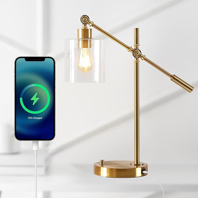 JONATHAN Y 23" Brass Gold 1-Light Iron and Seeded Glass Task Lamp, Modern Industrial Adjustable Desk Lamp with USB Charging Port for Home Office, UL Listed, LED Bulb Included JYL3082A