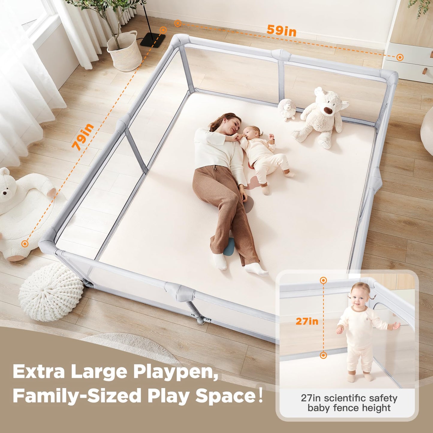 Baby Playpen,79"x59" Foldable Playpen for Babies and Toddlers with Gate,Large Play Pen with Zipper Door,Baby Play Pen Play Area(Light Grey)