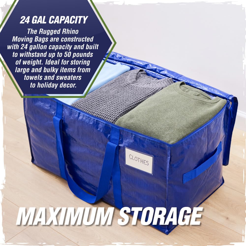 RUGGED RHINO Heavy Duty Extra Large Blue Moving Bags, Durable Bag with Strong Handles and Zipper, Moving Boxes Alternative for College Packing, Holiday Décor, Space Saving Storage with Label, 2 Pack