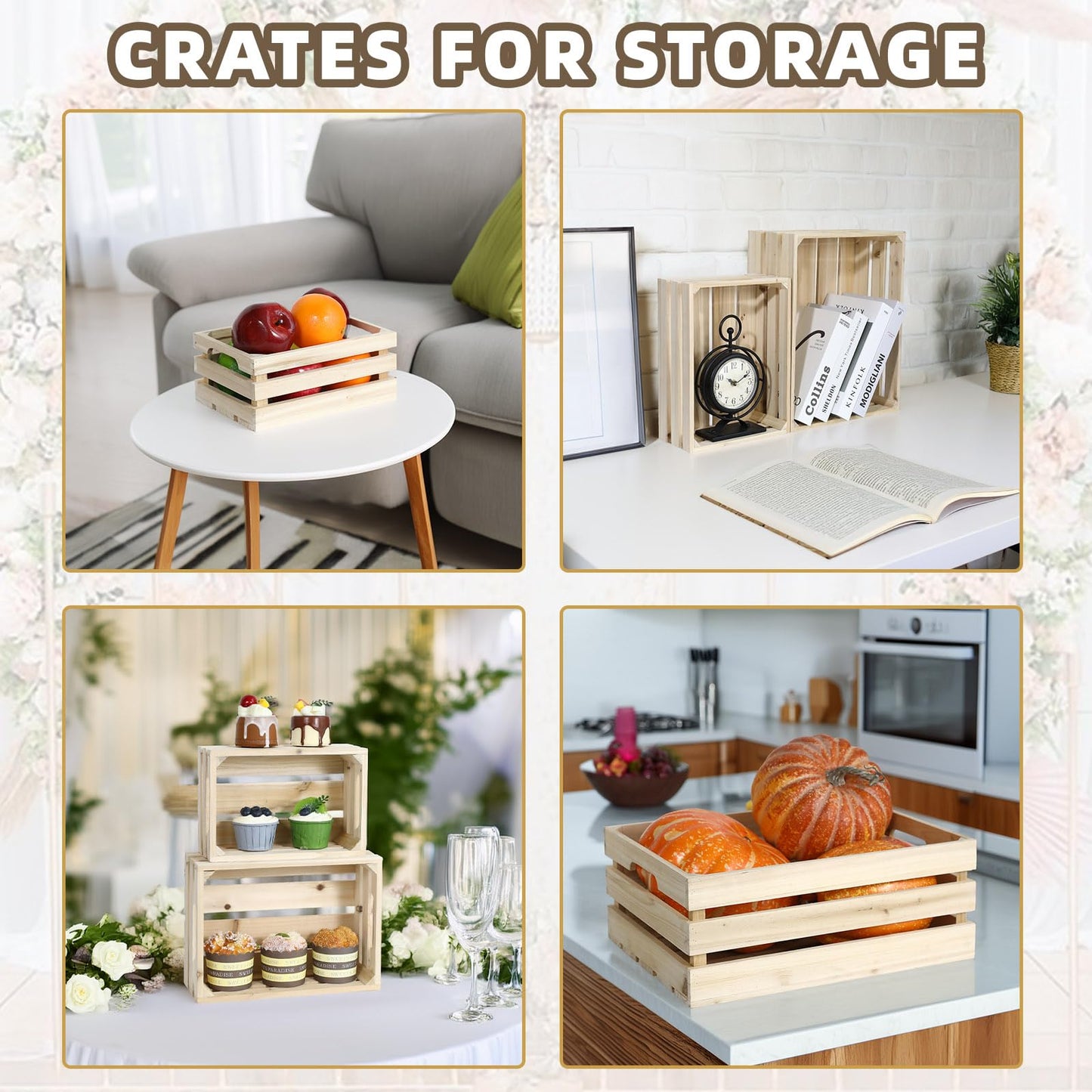 MACVAD 5-Piece Rustic Wooden Crates Unfinished Set, Wall Mountable Slatted Storage Crates with Handles, Farmhouse Wooden Crates for Display & Organizer for Home Decor