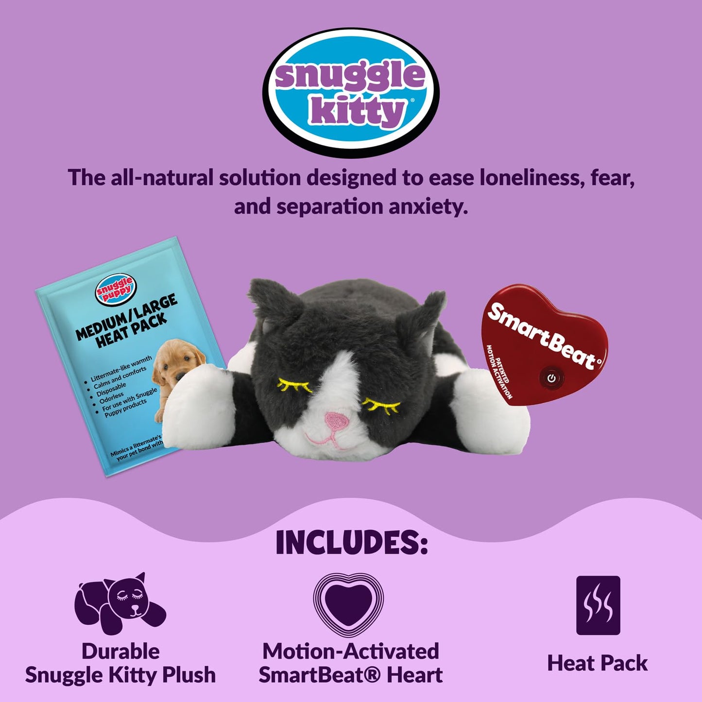 Snuggle Kitty Heartbeat Cat Toy for Kittens and Cats with Real-Feel Pulse and Heat Pack, Calming Sleep Aid for Cat Anxiety, New Kitten Essentials - Grey and White