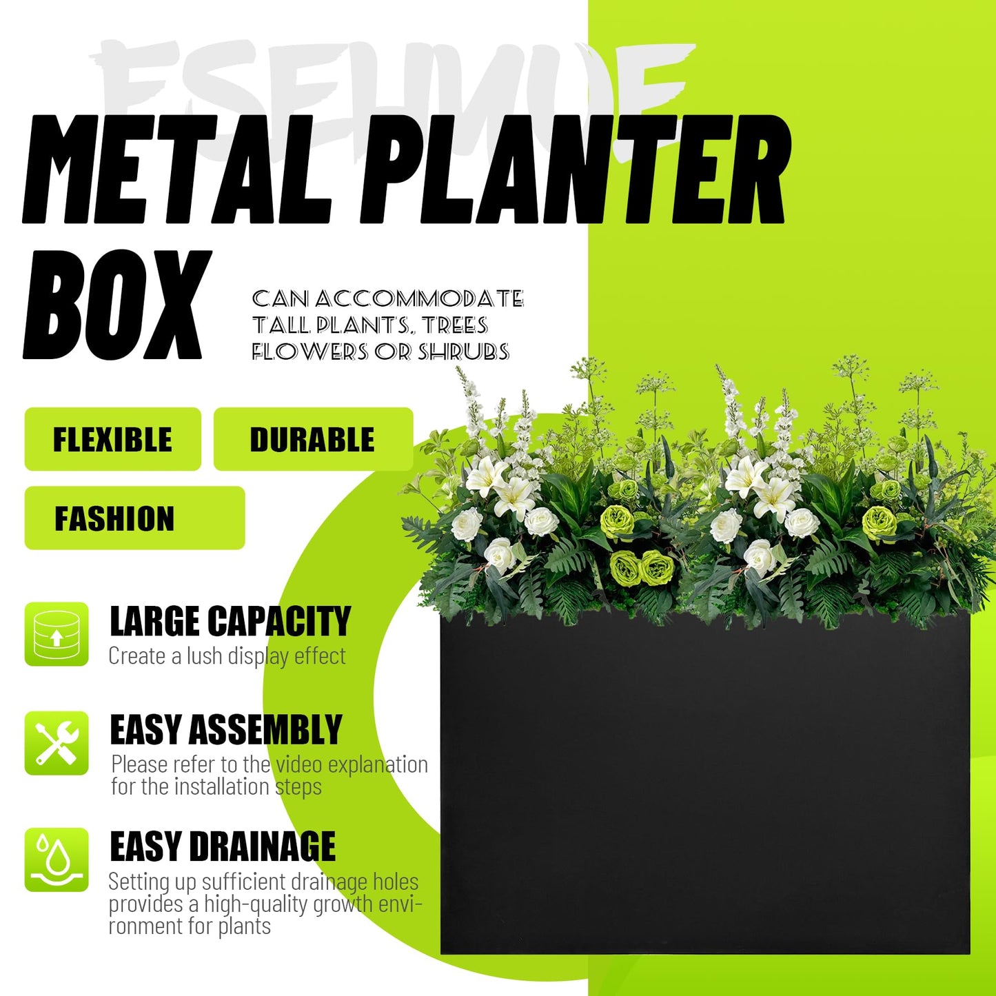 Fsehyue Metal Planter Box 38" x 10" x 30" Large Rectangular Planter Heavy Duty Galvanized Steel Tall Plant Boxes with Insert Shelf and Drainage Holes for Outdoor Patio Yard Garden Porch Terrace