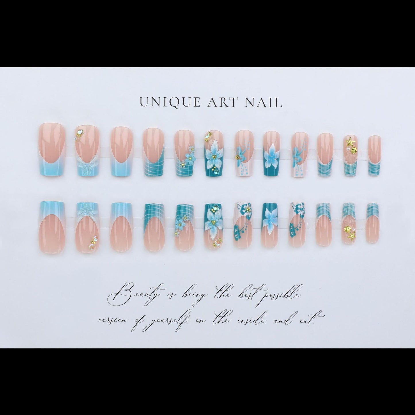 plalely Blue Press on Nails French Tip,Handmade Acrylic Press on French Tip Nails with Flower Designs，Long Square Nail Press Ons for Women 24pcs
