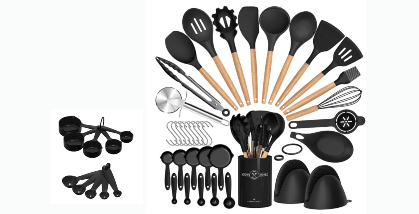 36 pcs Silicone Kitchen Cooking Utensils with Holder, Heat Resistant Cooking Sets Wooden Handle, Nonstick Kitchen Gadgets Tools Include Spatula Spoons Turner Pizza Cutter(Black) for Gift, K Trends