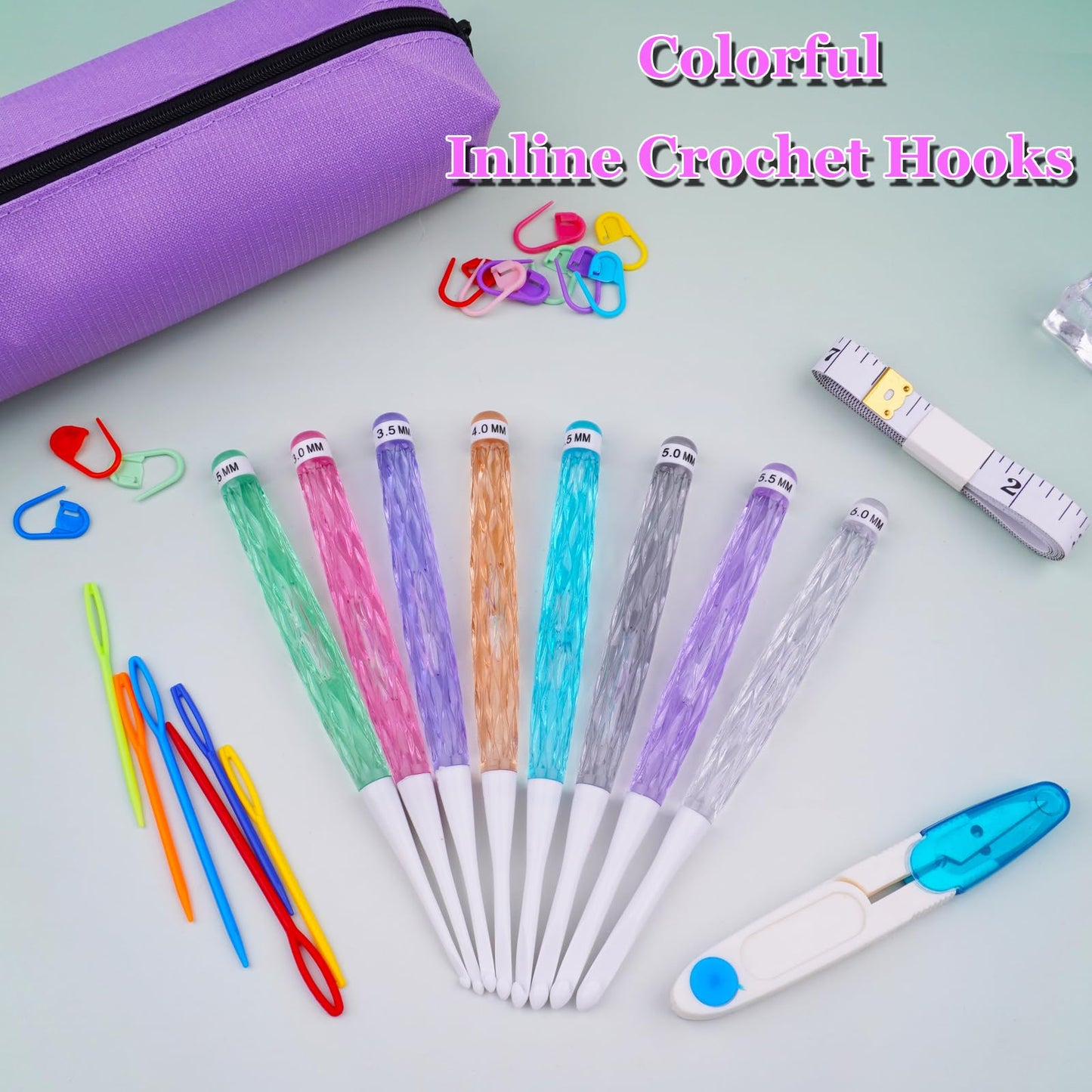 Hobekoee Inline Crochet Hooks Set,8PCS Plastic Crochet Hooks Long Crochet Hook Set with Case,Colorful Non-Slip Crochet Needles for Crocheting Yarn,Size 2.5mm-6mm