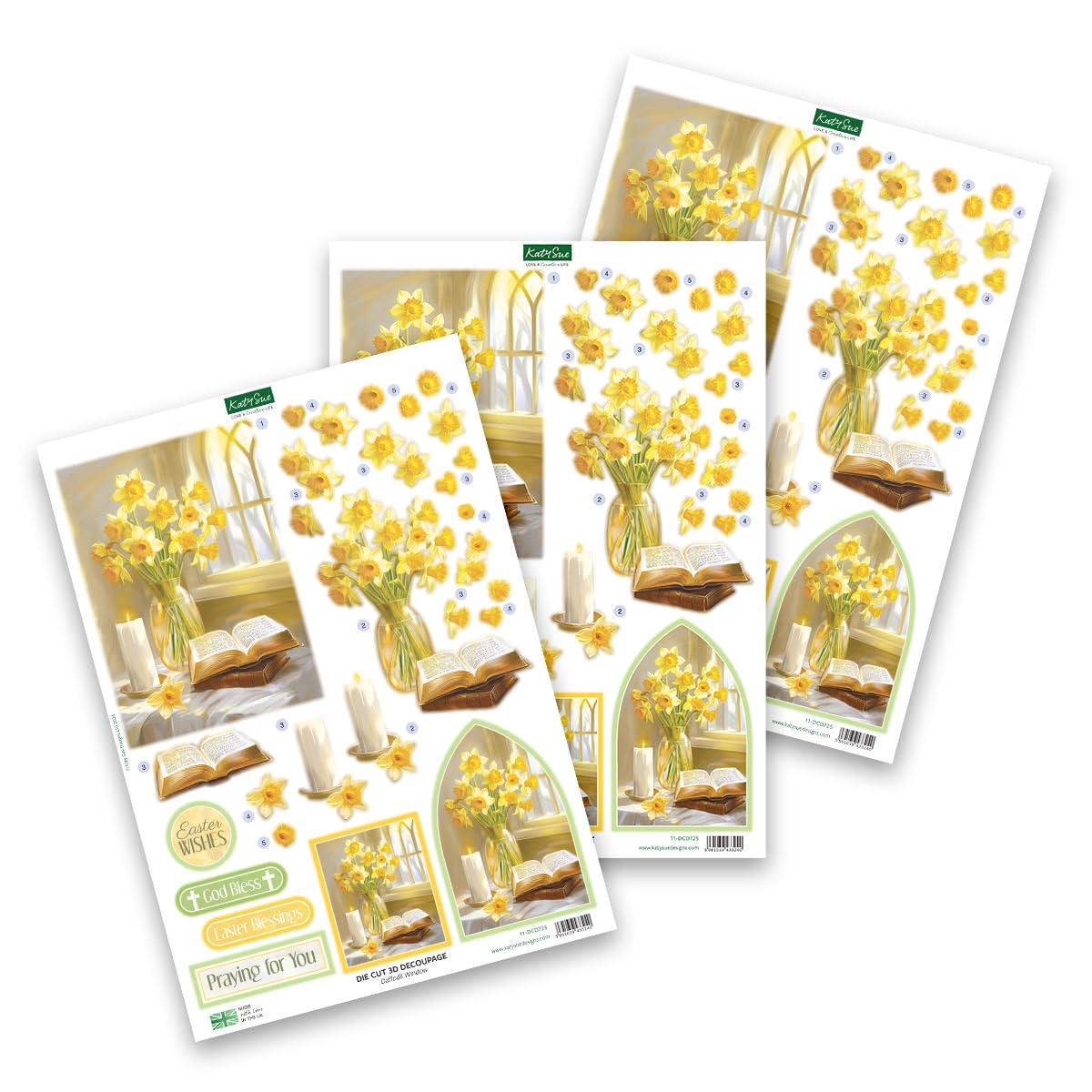 Katy Sue Easter Blessings Die-Cut Decoupage Sheets. A Pack of 12 Sheets of Die Cuts for Card Making Supplies, Craft Supplies & Scrapbooking with Crosses, Daffodils, Flowers, & Doves