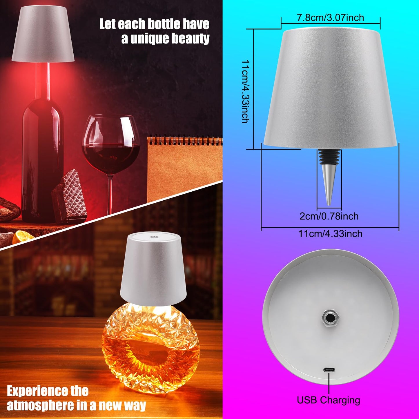 TGXCF Wireless Bottle Lamp with Remote Control, Rechargeable RGB Wine Bottle with 3Modes Light Dimming, Waterproof Bottle Touch Lamp Head for Room, Bar, Restaurant and Party Decorations(Silver RGB)