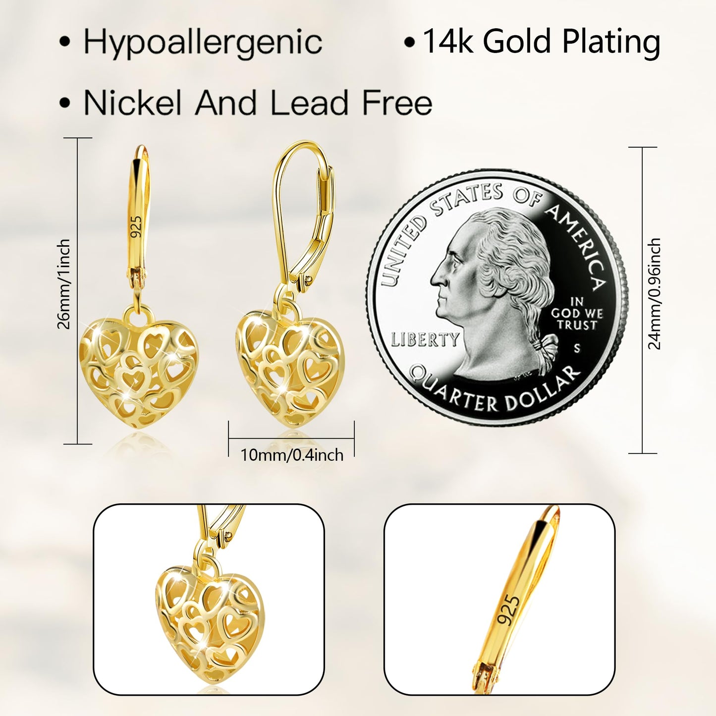 LANCHARMED 14K Gold Heart Dangle Drop Earrings for Women, 925 Sterling Silver French Style Silver Leverback Earrings Hypoallergenic Jewelry