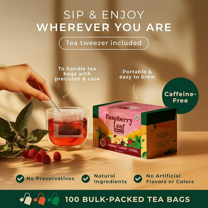 Gya Tea Co Raspberry Herbal Tea Bags (100 Bags) - Caffeine Free with a Tangy Flavor for All Day Comfort, Calming, Relaxing & Nourishing - Fruit & Herbal Blends