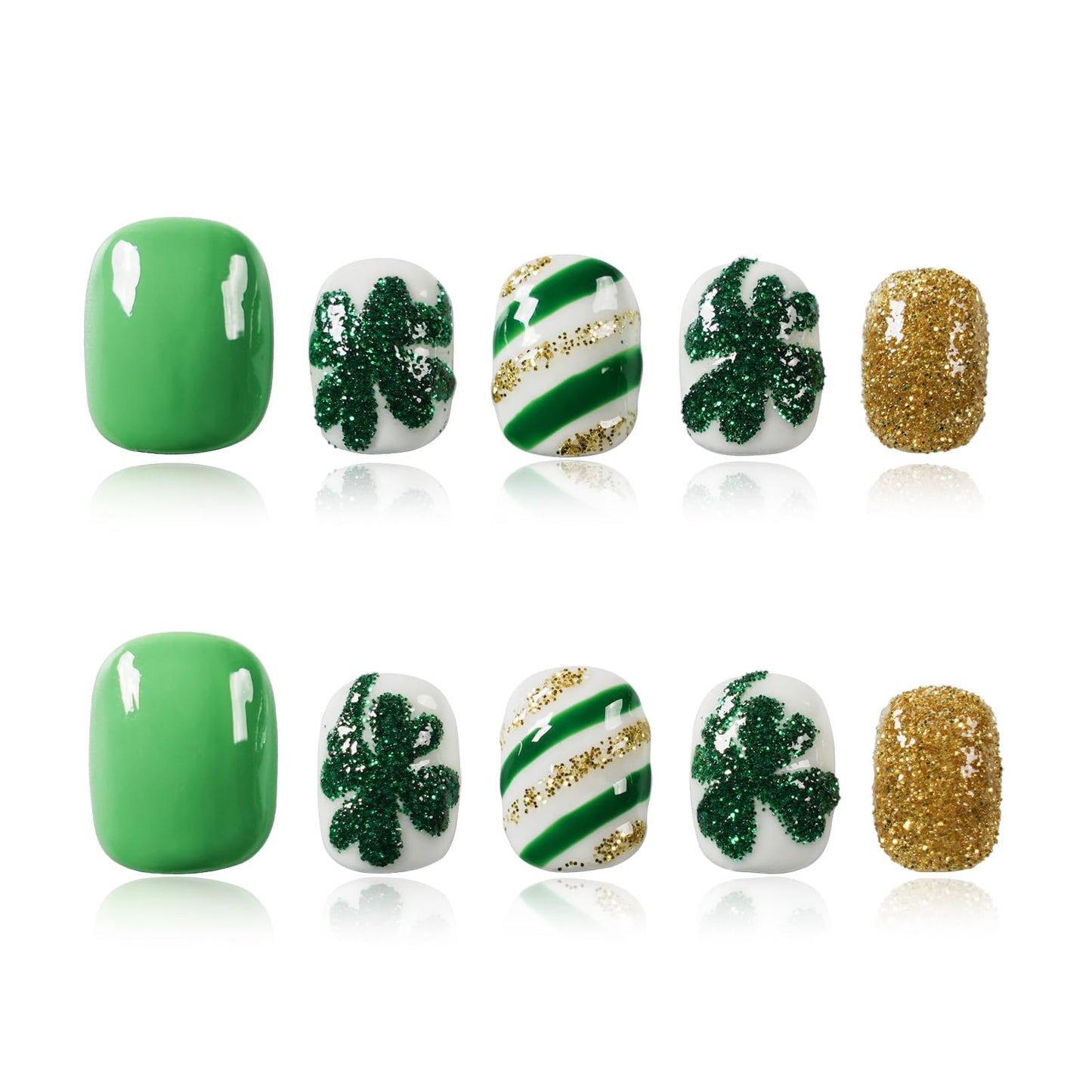 Tesytto Green & Gold Glitter Extra Short Squoval Press On Nails, Handmade Clover and Stripe Design, Reusable Full Cover Acrylic Nails (Size L)