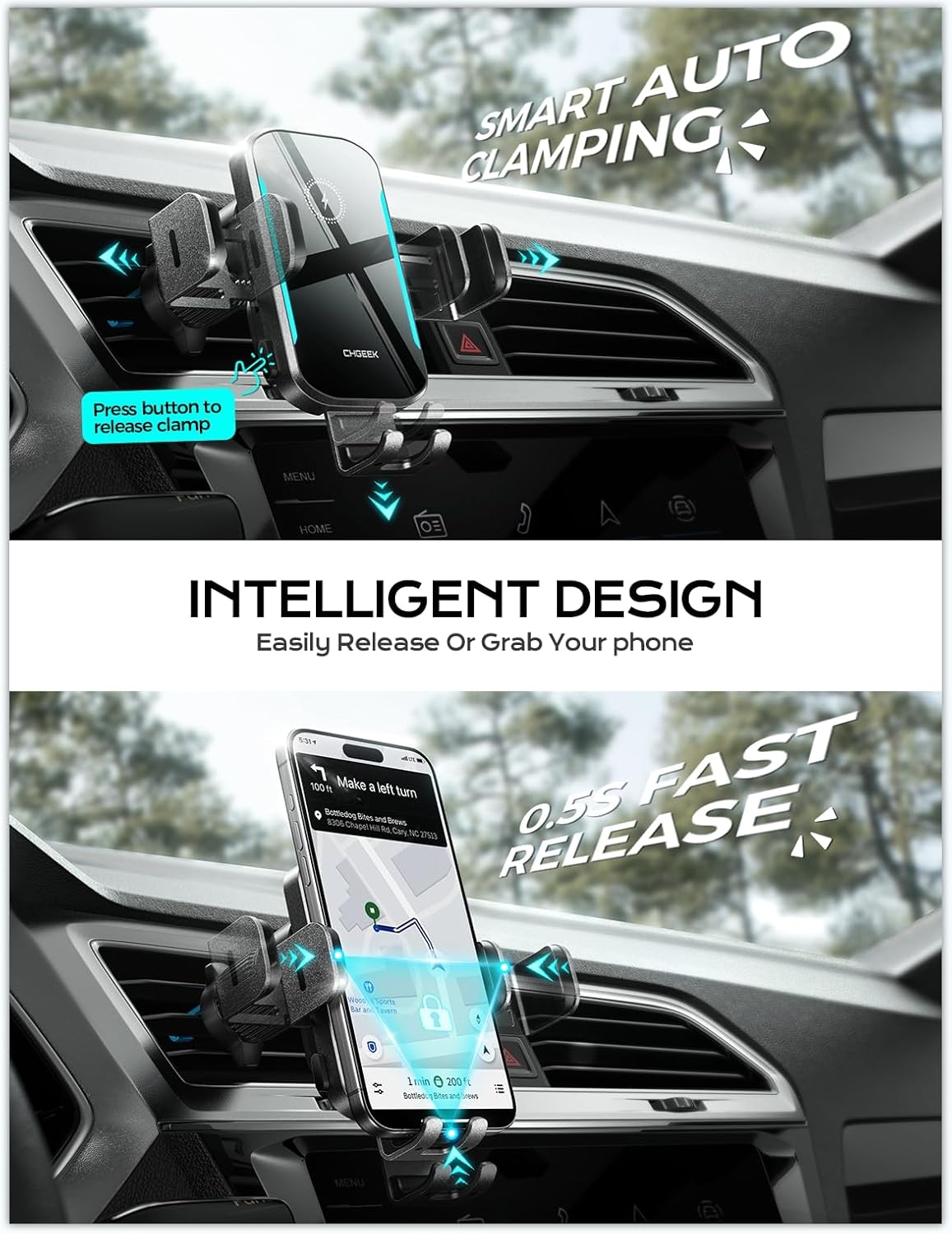 CHGeek Wireless Car Charger, 15W Fast Charging Car Phone Holder Charger Auto-Clamping Air Vent Car Phone Mount with Blue LED Backlit for iPhone 16 15 14 13 12, Samsung S24 S23 S22, etc