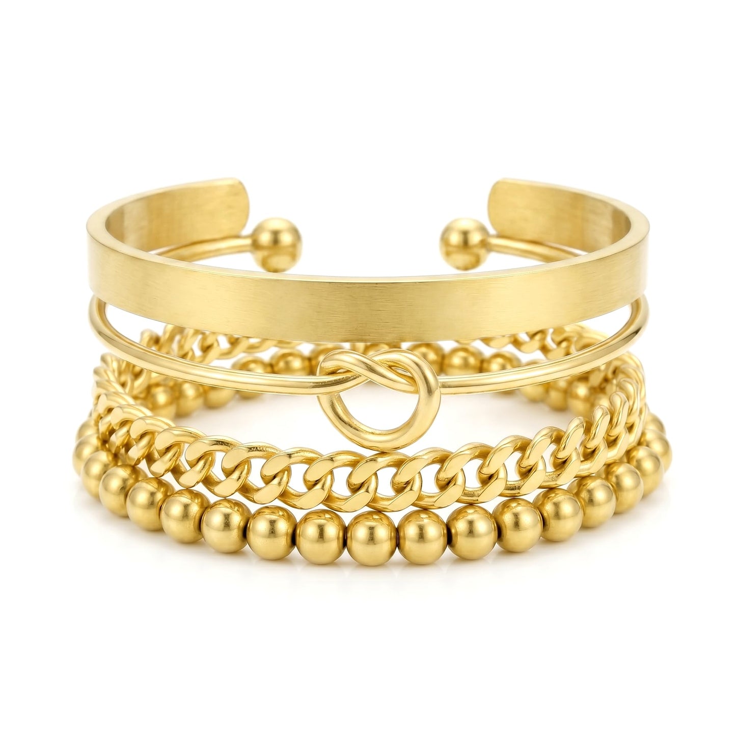 Gold Stack Bracelet for Women, 14k Gold Filled Bangle Cuff Bracelet Stack Dainty Jewelry for Women, Stretch Beaded, Love Knot Cuff, Cuban Chain
