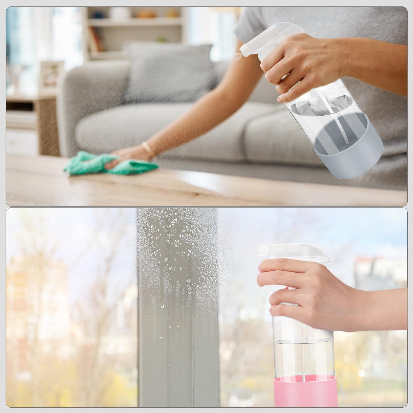 Worldgsb 2 Pack Glass Spray Bottles with Silicone Sleeve, 16 oz Empty Refillable Containers with Adjustable Spray Nozzles, Spray Bottles for Hair, Cleaning Solutions and Plants Pink&Grey