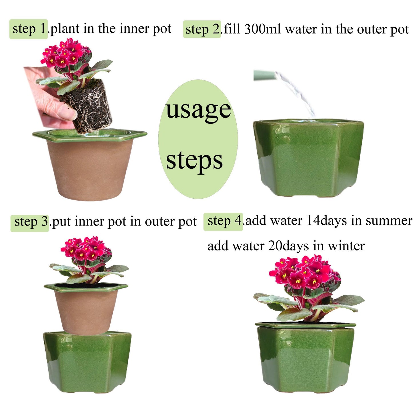 Dphagesy African Violet Pots 6 inch Hexagon Self-Watering Ceramic Pots 4.50'' Opening(Green)