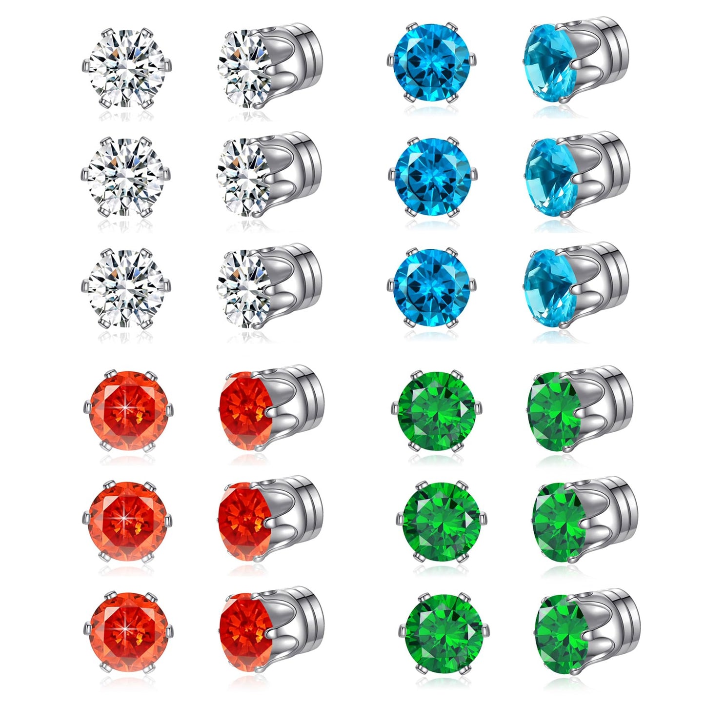 Spiritlele 12 Pairs Green Blue Cubic Zirconia Magnetic Earrings Clip on Non Piercing Earrings Set for Women 6MM