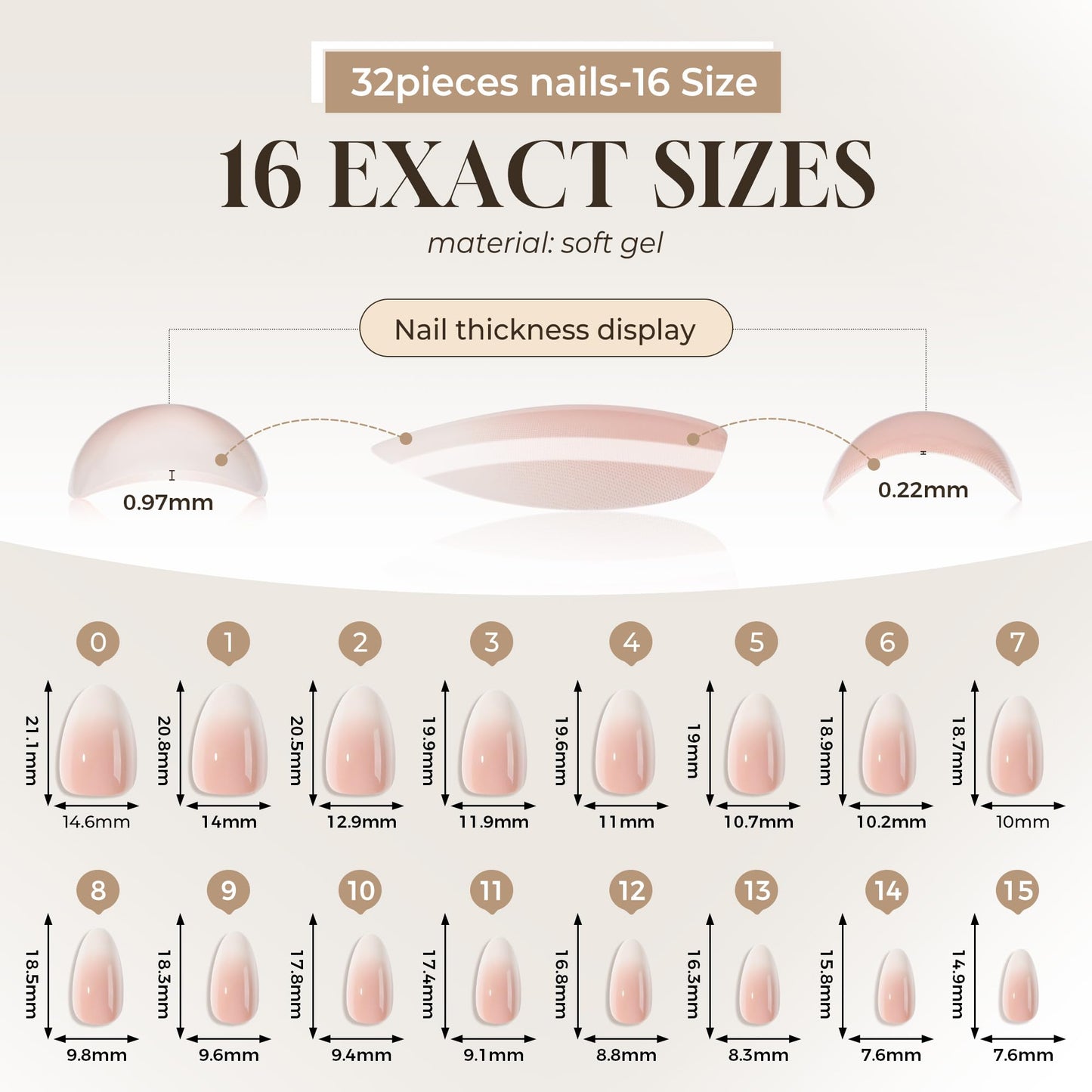 UNA GELLA Press On Nails Short Almond: Ombre Soft Gel Press Ons Kit with Nail Tips Glue on Nails, 16 Sizes - 32 Reusable Fake Nails, Pink Cream