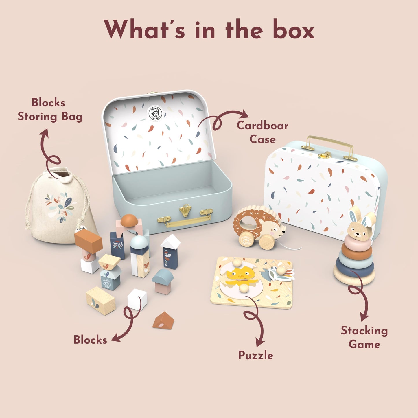 SPEEDY MONKEY Montessori My First Toy Box for Early Learning | Wooden Nursery Toy Set with Blocks, Stacking Rabbit, Chick Puzzle & Pull-Along Hedgehog | for Kids Ages 1+