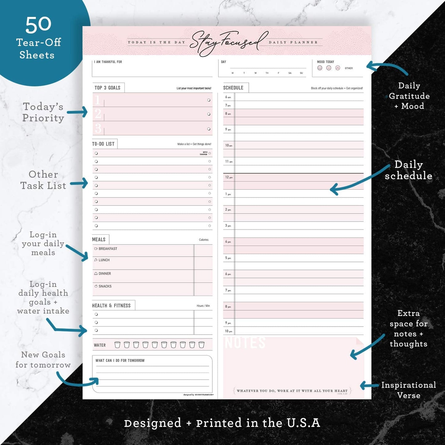 Daily Notepad Planner To Do Schedule - Stay Focused 50 Tear off Premium Made USA (Rose Pink)
