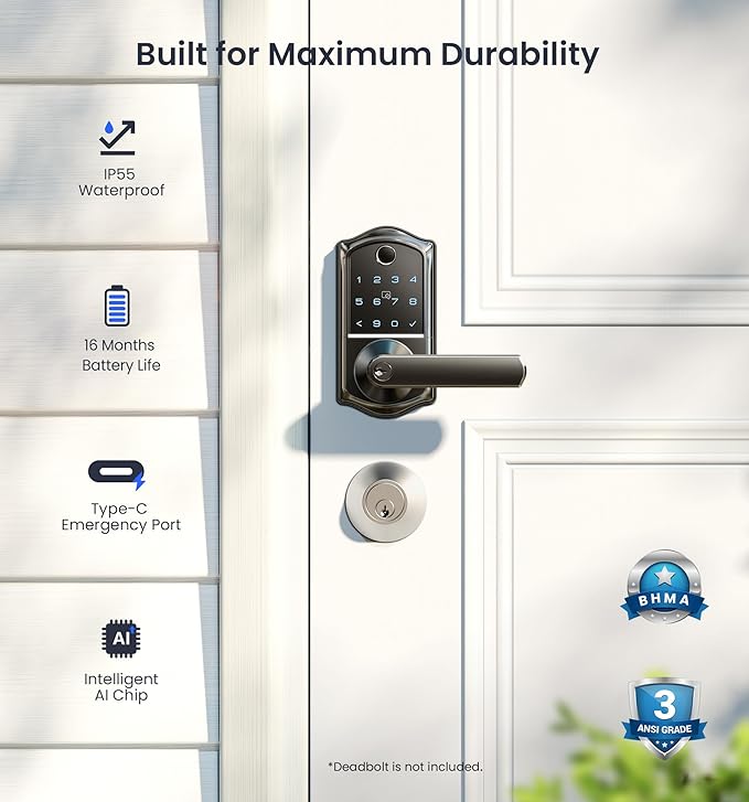 Veise VE019 Fingerprint Smart Lever Lock - APP Control, Keypad Door Lock with Handle, Keyless Entry for Front Door and Bedroom, Electronic Digital Knob, Remote Grant, IP55 Weatherproof, Matte Black