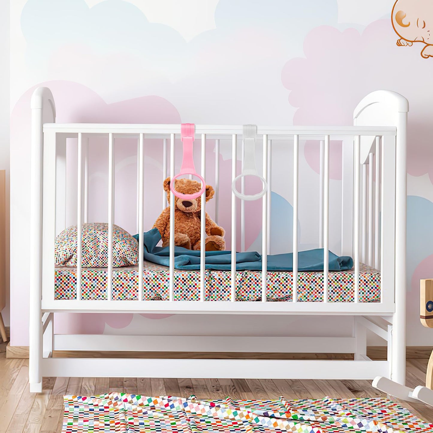 Beavorty Baby Pull up Rings 4 Pcs Plastic Hanging Rings for Playpen and Crib Toddler Walking Assistant and Standing Support Toy for Early Development