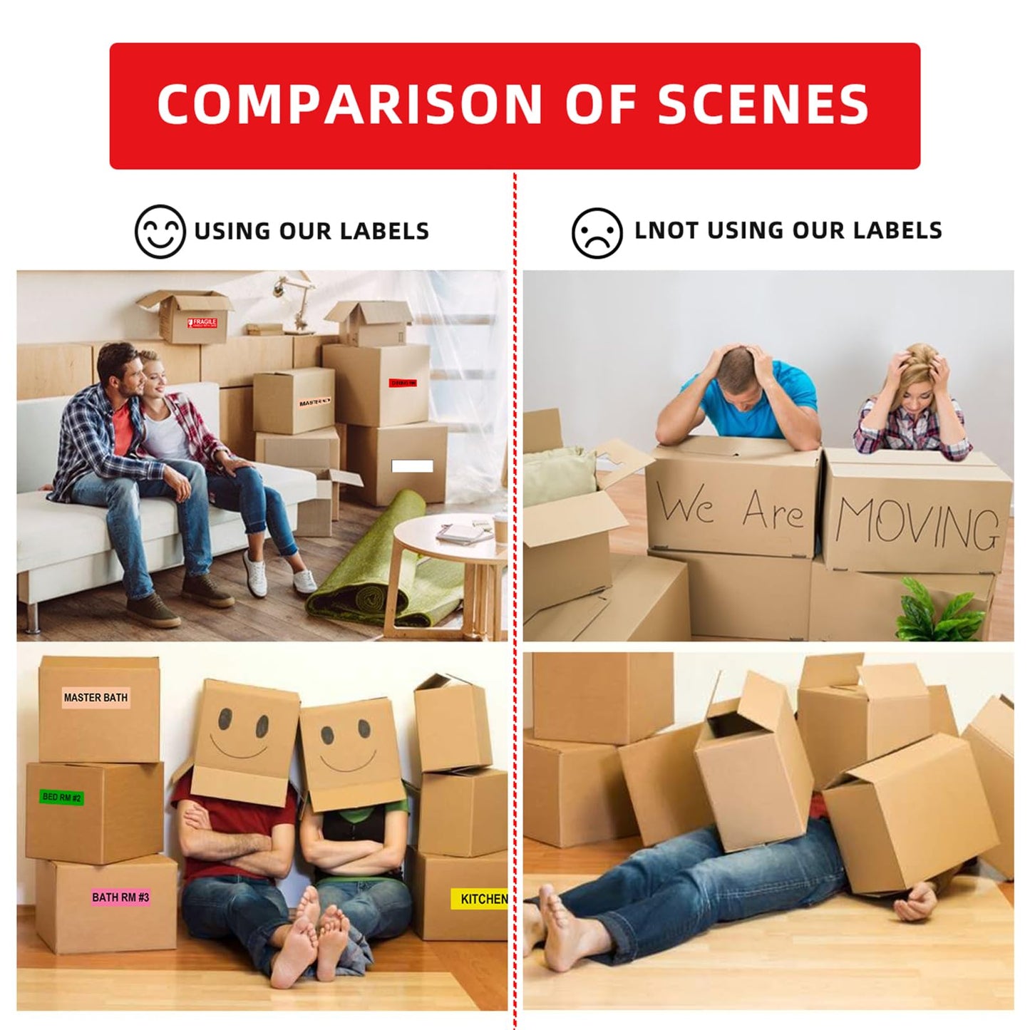 Misofuki 16 Rolls 960 Pcs 1"x4.5" Color Coded Moving Labels Stickers for Boxes with 4 Bedroom Labels - Can Stick on Furniture Directly, NOT Recommended for Rough Surfaces, Such as Carton