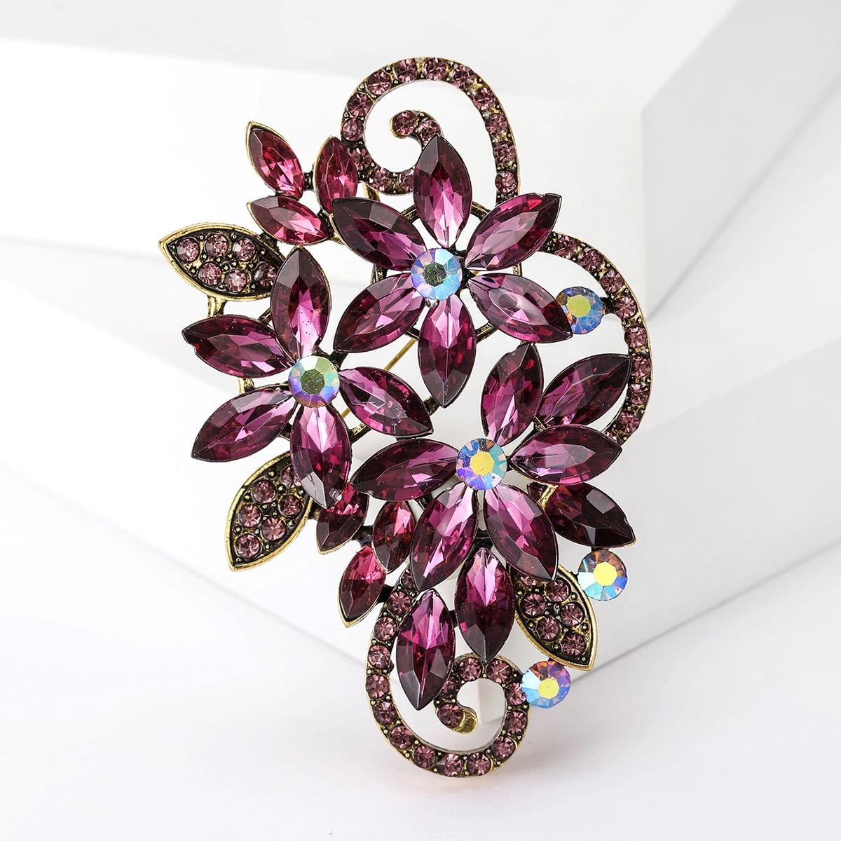 YOQUCOL Vintage Purple Austrian Crystal Rhinestone Flower Shape Brooch Pin For Women