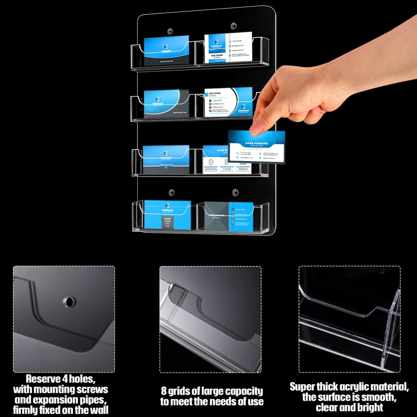 Hillban Acrylic Business Card Holder Wall Mount Clear Sticker Display Rack Multiple Card Holders Clear Acrylic Organizing Sticker Display Stand Pre Drilled(8 Pockets)