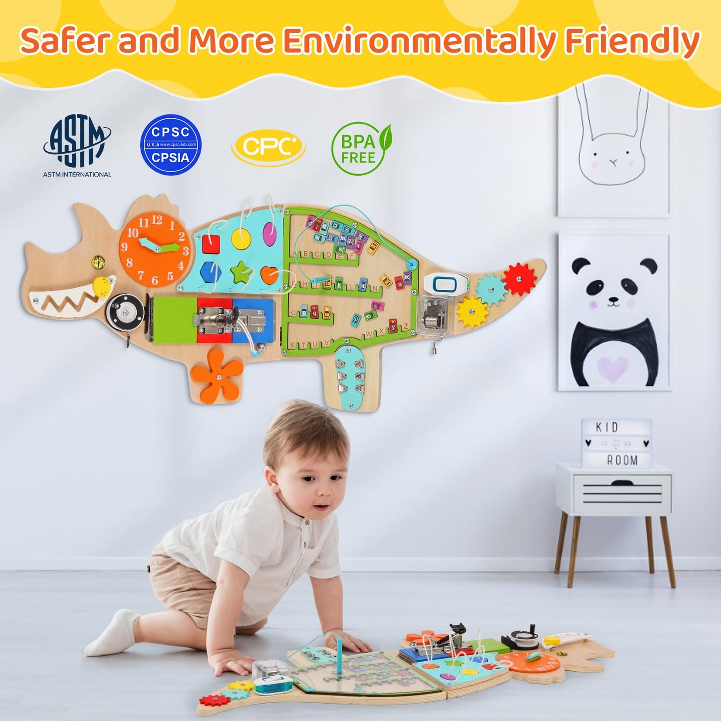 FIIOEOY Dinosaur Activity Wall Busy Board Panels, 11-in-1 Montessori Sensory Wall Panel for Kids, Toddler Learning Activity Center, Perfect for Playroom Daycare Nursery Classroom