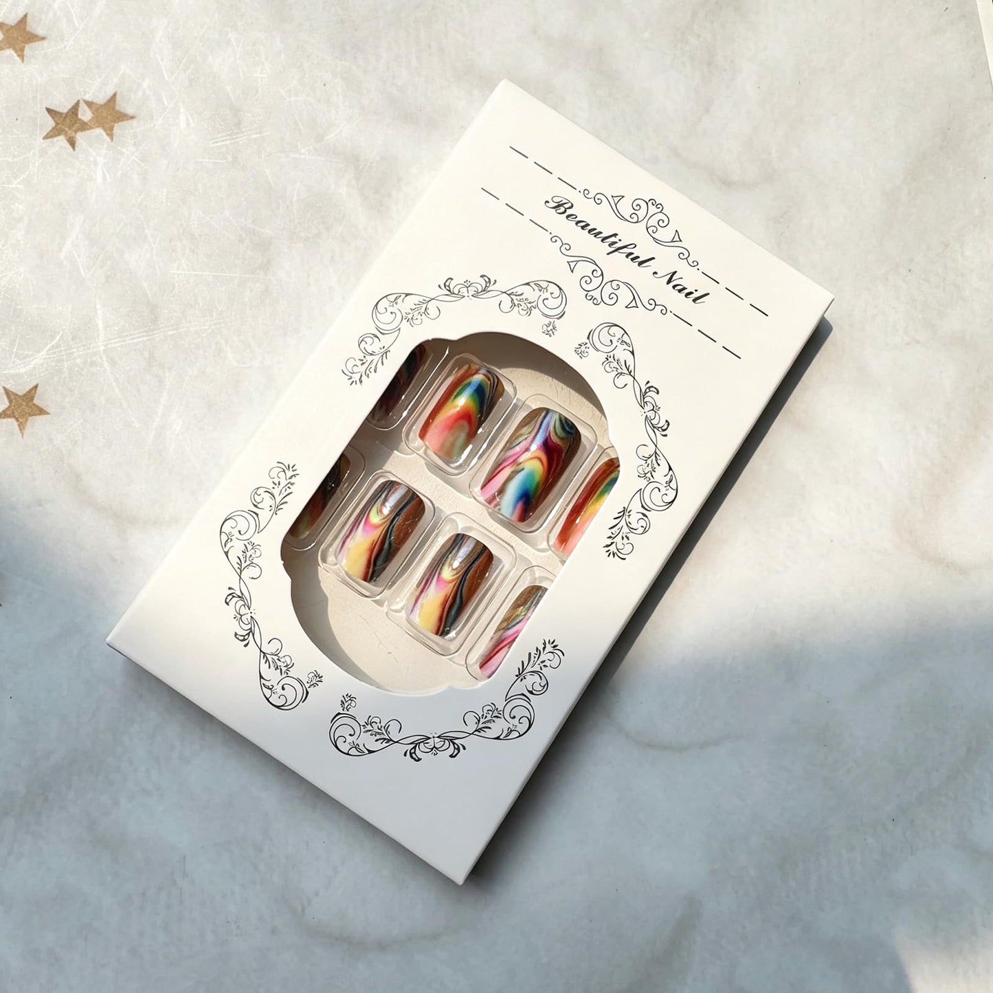 Medium Press on Nails Square Shape Fake Nails Aurora Marble False Nails Gradient Colorful Designs Spring Summer Acrylic Nails Full Cover Glossy Stick on Nail Holiday Glue on Nails for Women 24Pcs