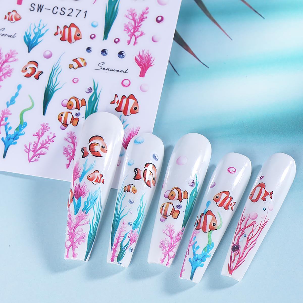 Marine Life Nail Art Stickers Decals 3D Self-Adhesive Fish Seaweed Nail Decals Design Supply Summer Fish Seaweed Marine Life Nail Stickers for Women DIY Manicure Decoration Accessories 4 Sheets