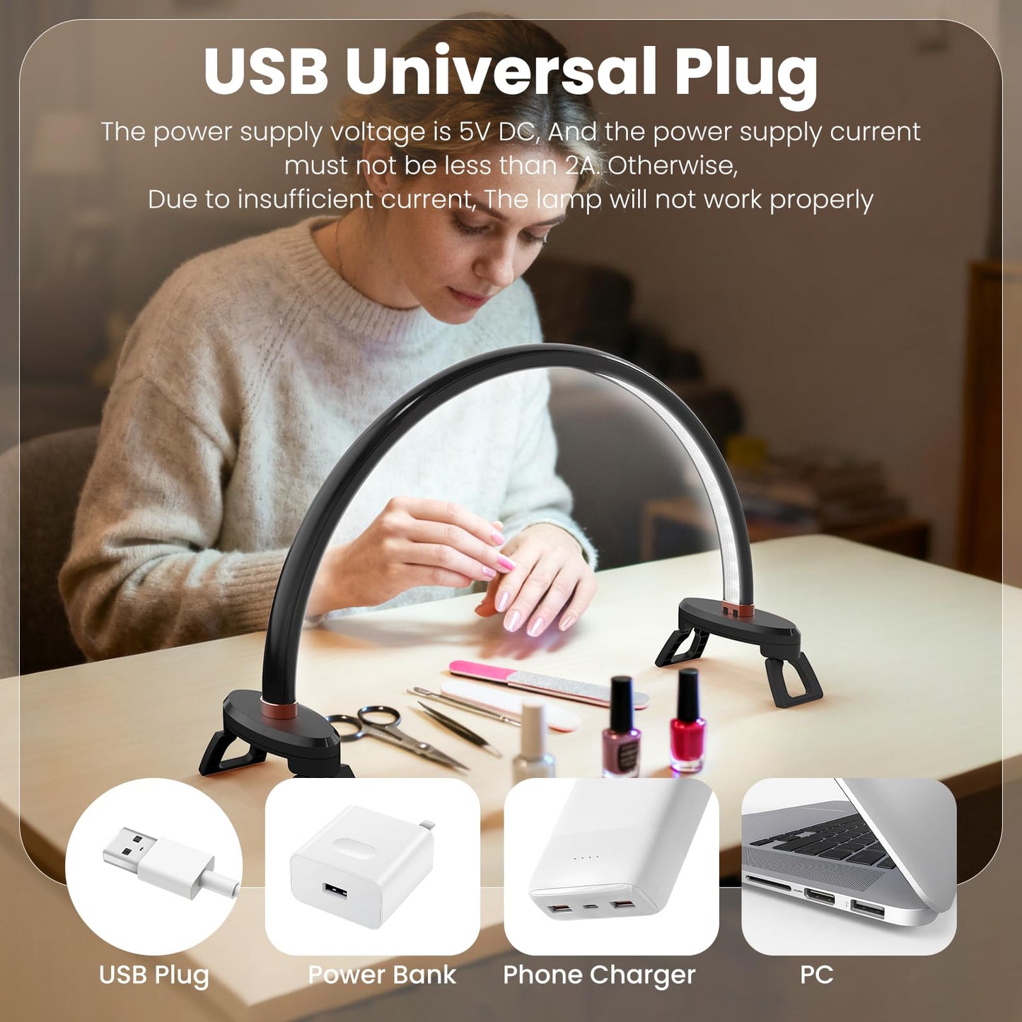 Yokilly Arc Half Moon Light: 16" Half Moon Light with Foldable Bracket for Desk Salon Table Use - No Flicker & Shadow-Free Desk Lamp with Stepless Brightness 3000-6500K for Manicurist Nail Tech