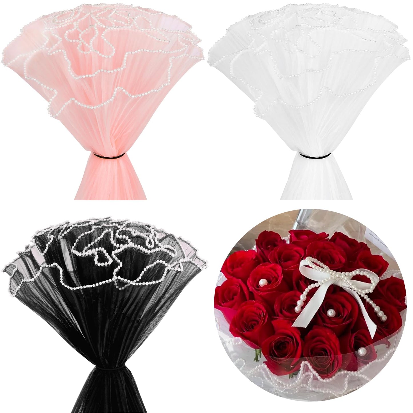 IWOLOMI 6 Pack Flower Wrapping Mesh Paper, 26.2 Yard Pearl Edge Bouquet Wrapping Packaging Mesh Paper Wrinkled Translucent for Florist Supplies Mothers Day Wedding Gift Packaging (Pink White Black)