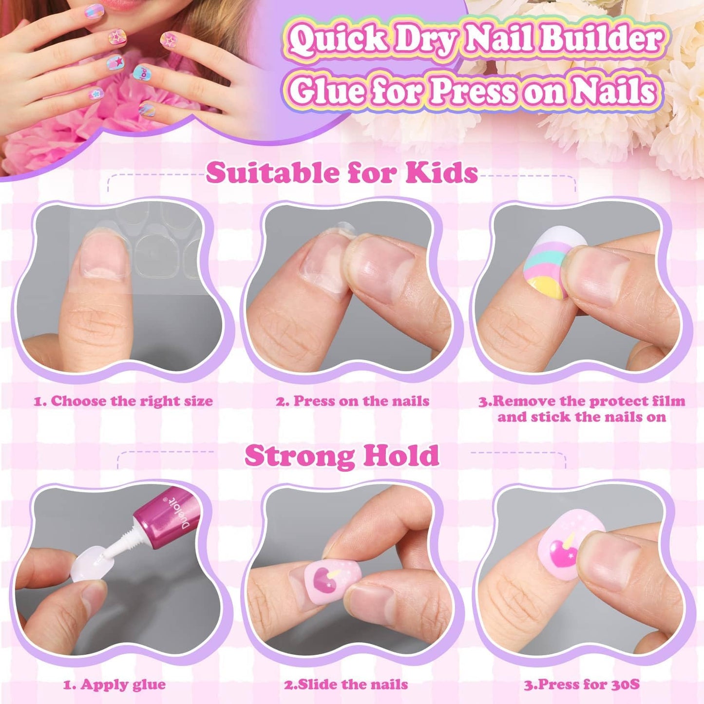 144 Pcs Press on Nails with Glue, Almond Fake Nail Stick on Nails Kit with Jelly Stickers & Nail Builder Adhesive Cute Acrylic Nails Stuff for Gift