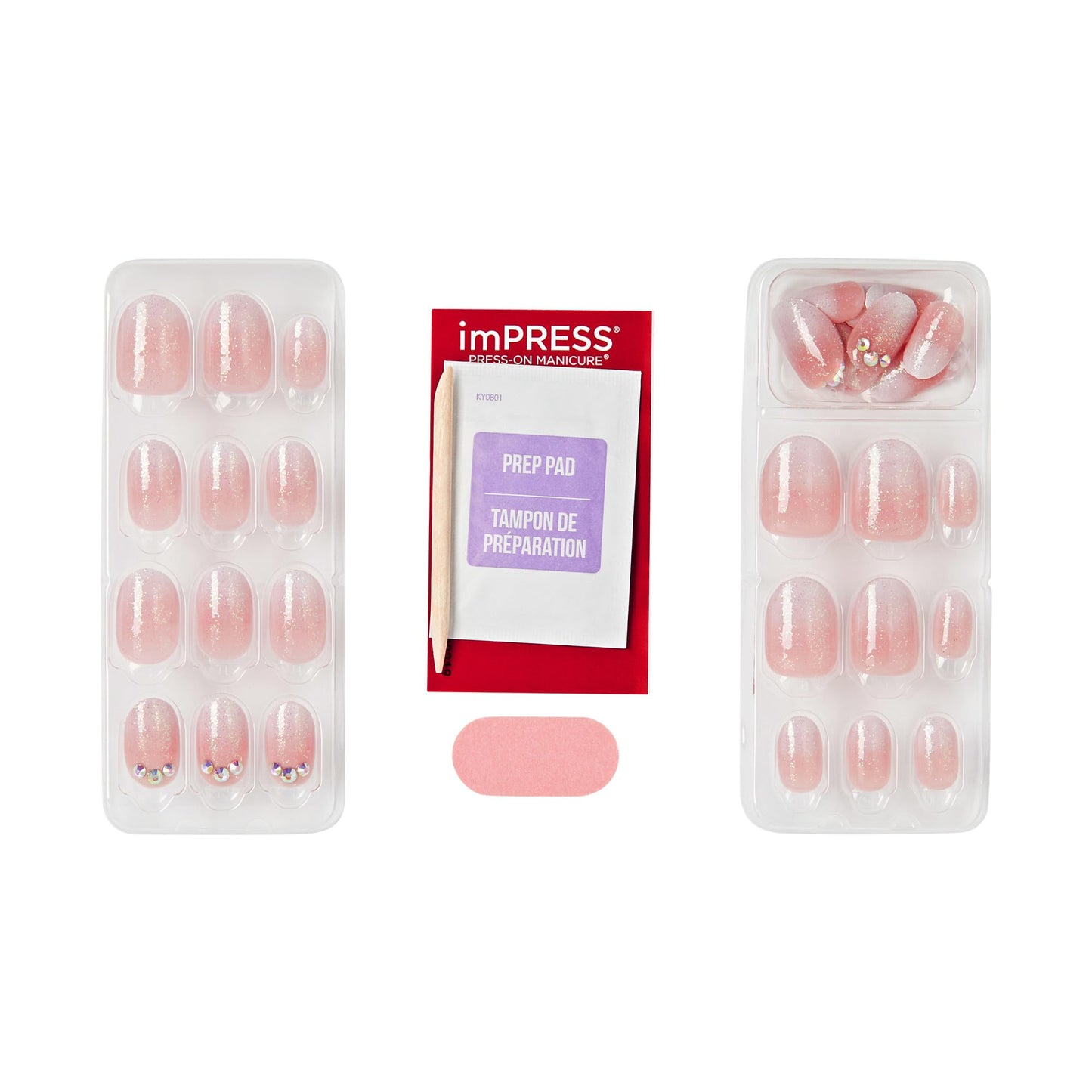 Kiss Impress No Glue Mani Press On Nails, Design, 'Even Better', Pink, Short Size, Oval Shape, Includes 30 Nails, Prep Pad, Instructions Sheet, 1 Manicure Stick, 1 Mini File