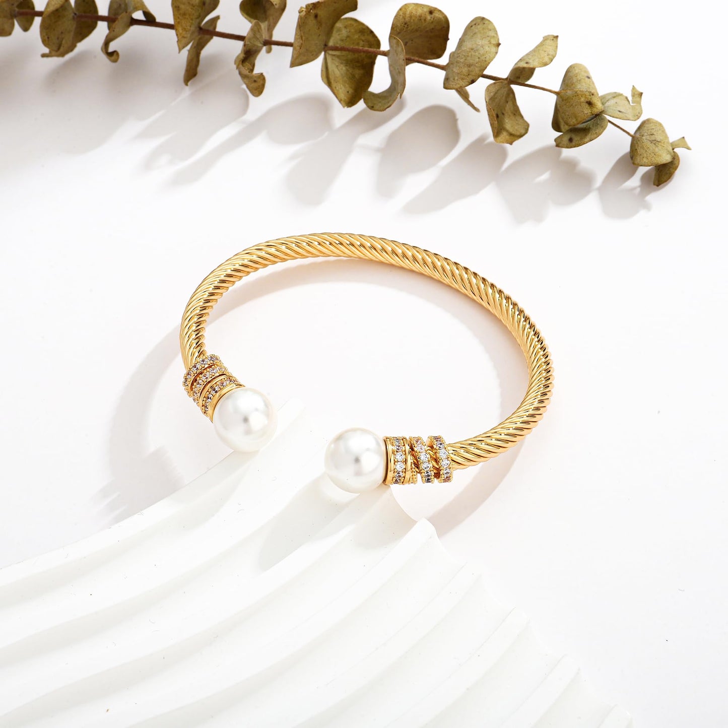 WOWORAMA Gold Cable Wire Cuff Bracelet for Women Stainless Steel Open Cuff Bangle Bracelets Adjustable Twist Cable Bracelet with Pearl Balls Jewelry