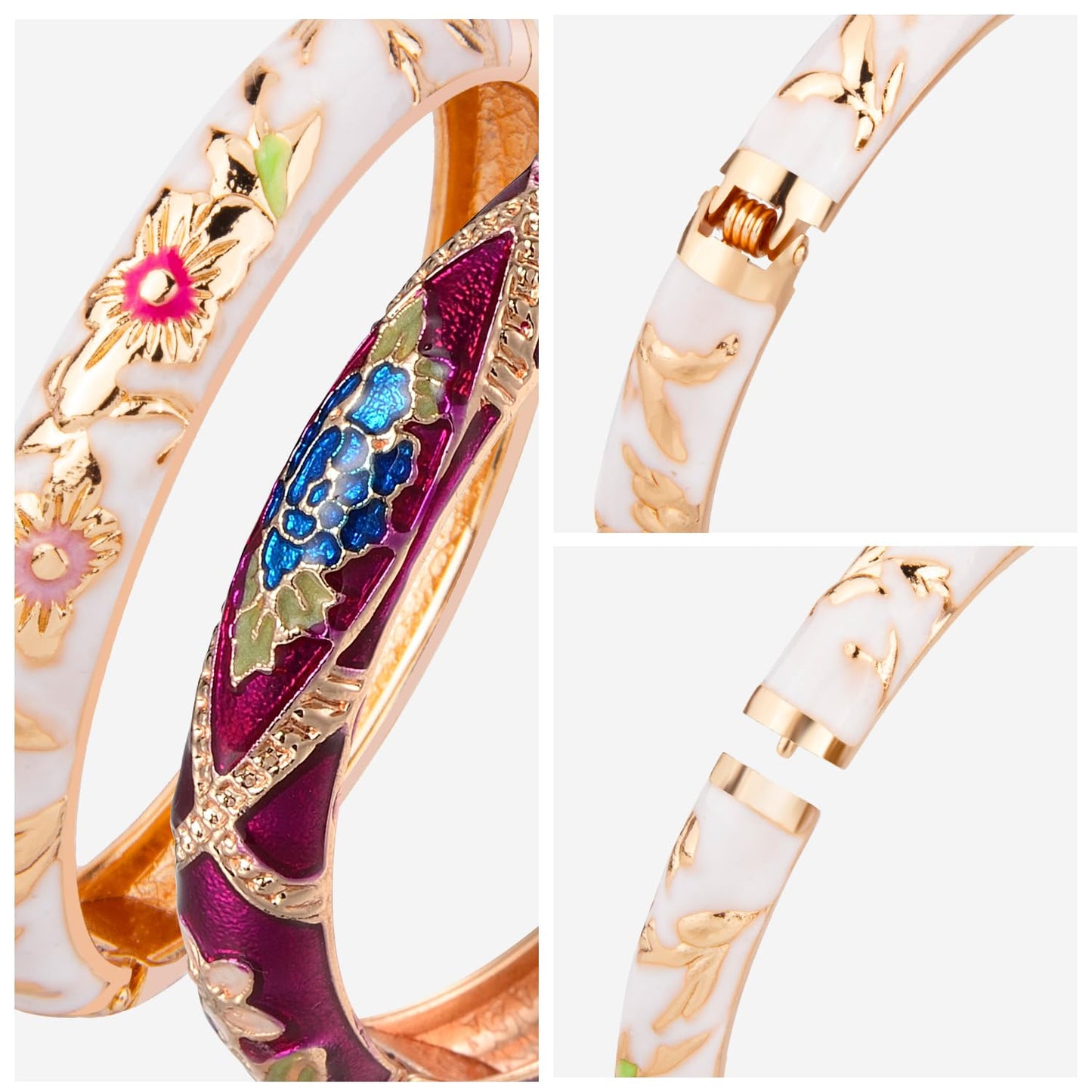 UJOY Bangles Bracelets Gorgeous Enameled Flower Cloisonne Plated Indian Jewelry Sets Box for Womens Gift 55A103-55A128 White Purple