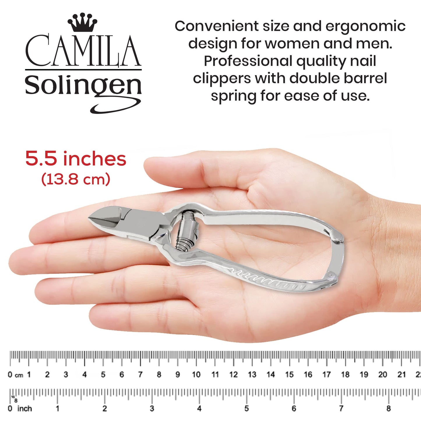 Camila Solingen CS13 Large Heavy Duty Toe Nail Clipper for Thick Toenails, Manicure & Pedicure, Double Barrel Spring. Super Sharp Trimmer Curved Carbon Steel 20mm Blade Made in Solingen, Germany