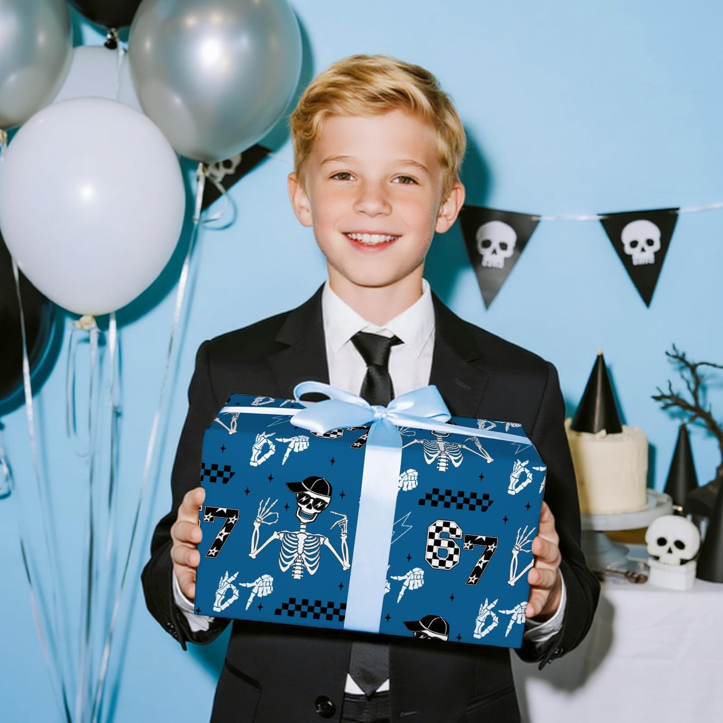 RUSPEPA 67 Skeleton Wrapping Paper Roll, Mini Roll, Blue Cool Street Style 67 Meme Design with Skeleton, Checkered & Lightning, Funny Gift Wrap for Kids, Boys, Teens, Birthday, 17 Inches x 16.4 Feet
