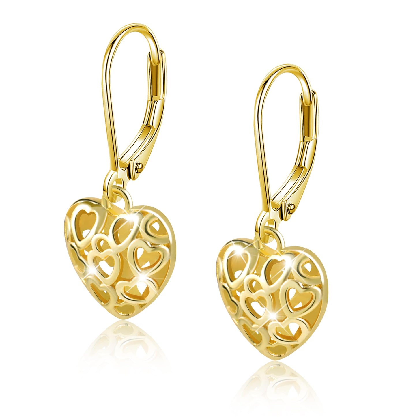 LANCHARMED 14K Gold Heart Dangle Drop Earrings for Women, 925 Sterling Silver French Style Silver Leverback Earrings Hypoallergenic Jewelry