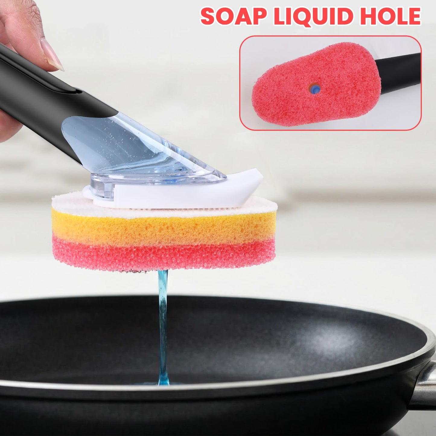 Soap Dispensing Replacement Dish Brush Storage Set with 10 PCS Sponge Refills & Holder - RIMAY Dispenser Scrub Cleaning Scrubber Kitchen Dishwashing Dish Wand Handle for Dishes/Pans/Pots/Sink(Pink)