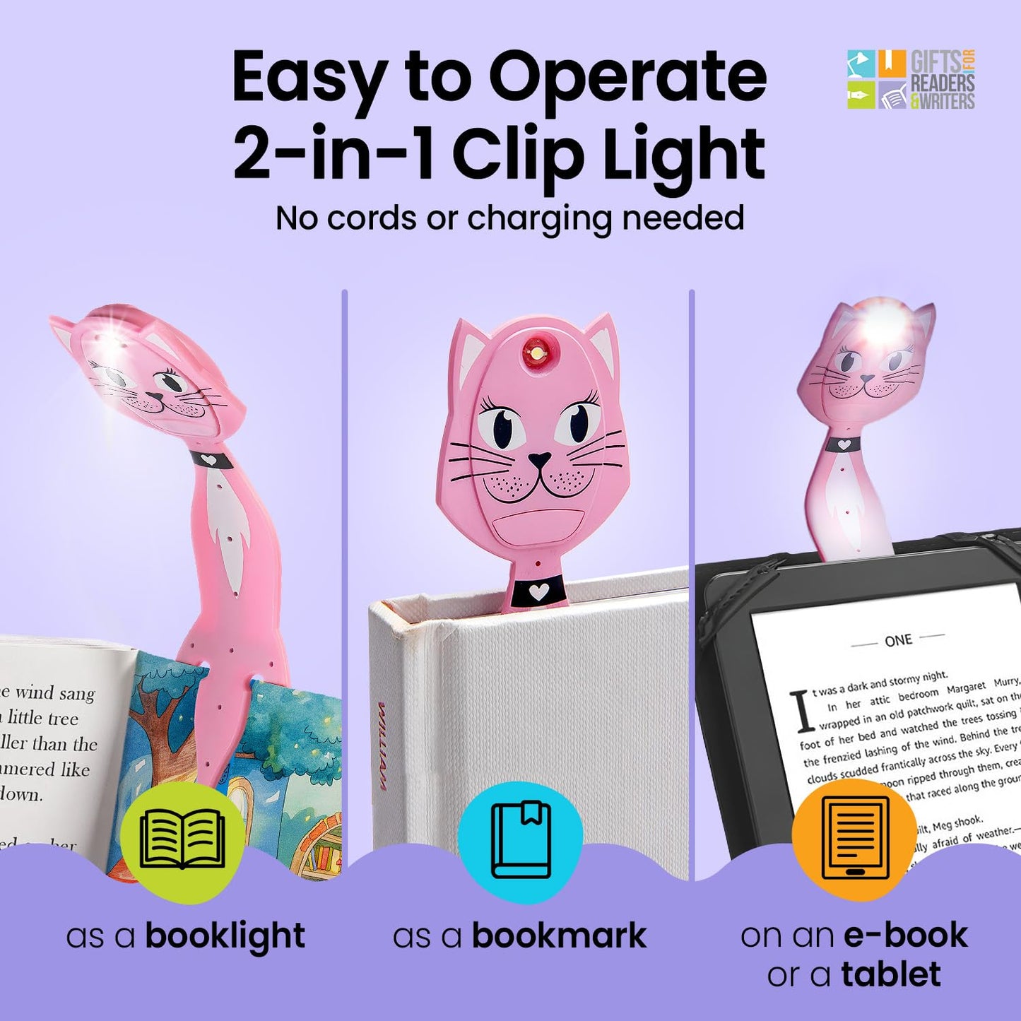 Gifts for Readers & Writers Book Light for Kids, Clip On Reading Light for Bed, 2in1 Flexilight Pals & Bookmark, Small & Lightweight with a Soft Glow, 2 Batteries Included, Cat