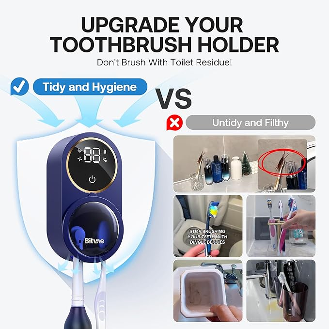 Bitvae Upgraded Tooth Brush Holder for Bathroom 2.0, Infrared Sensing Toothbrush Cleaner, Wall-Mounted for Any Size Toothbrushes, Air Drying, LED Smart Screen, Navy Blue