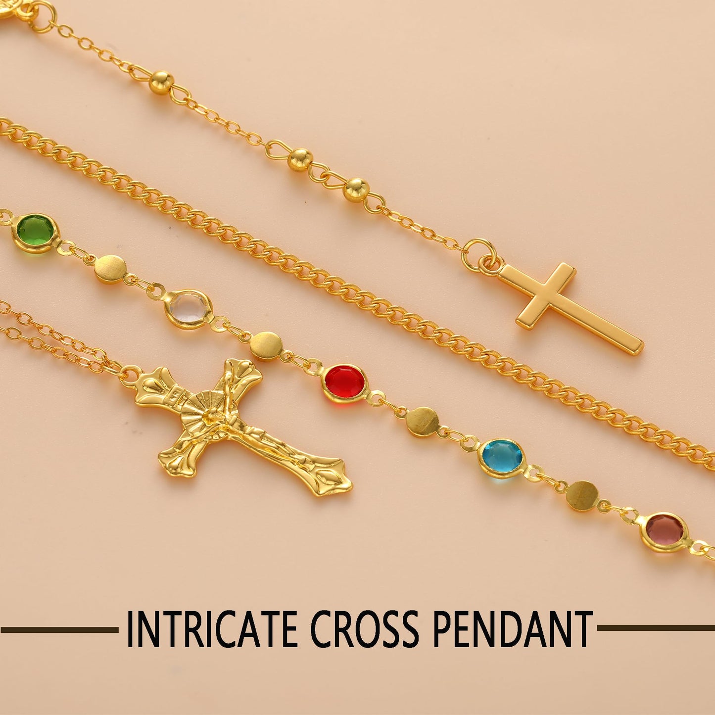 4PCS Layered Gold Cross Necklaces for Women Trendy, Bohemian Bead Pearl Y Long Pendant Necklace Set, Vintage Rosary Necklace Stack Adjustable Length