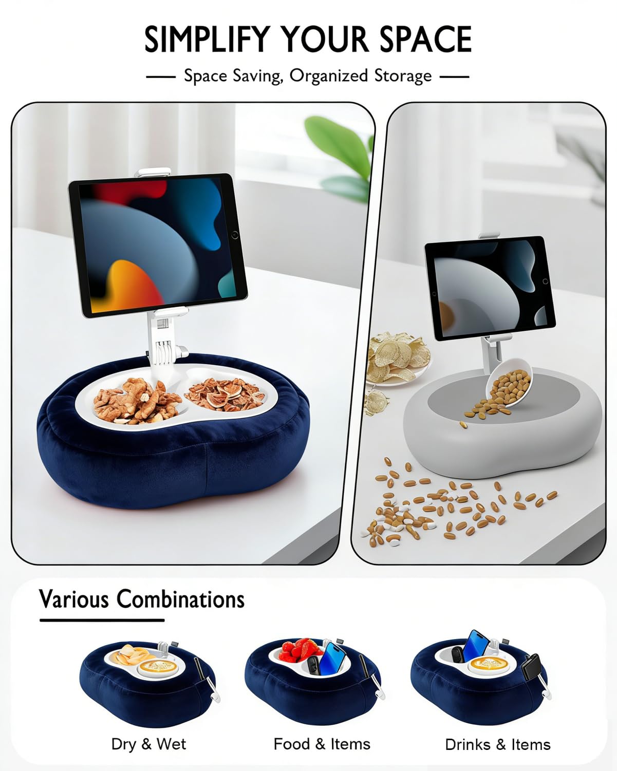 Miledi Tablet Pillow Stand, Compatible with 4.7"-12.9" Kindle, iPad, Phone/Tablet, 360° Rotating Phone Holder for Bed, Detachable Bowl, Reading and Relaxation on Bed (Blue)
