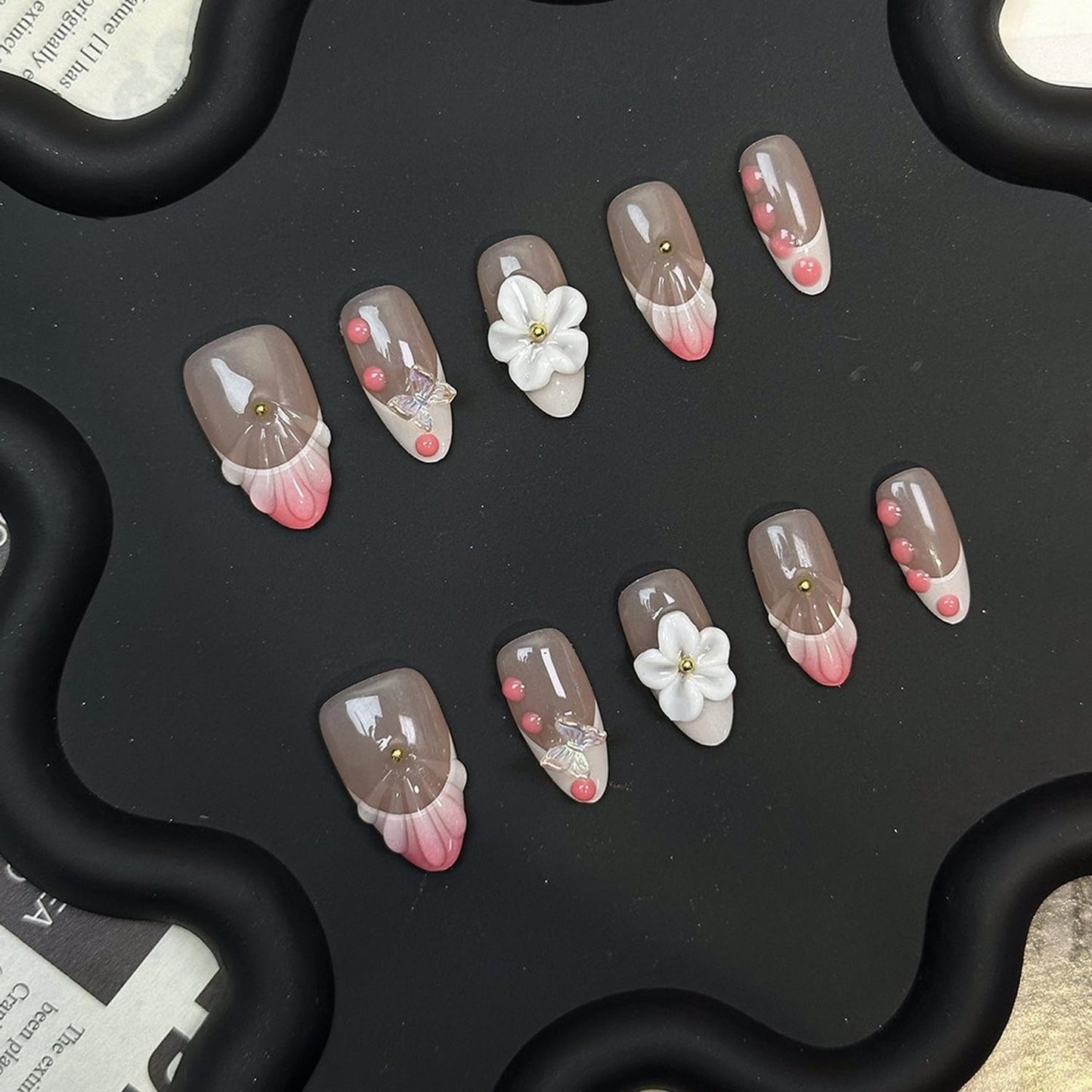 Flower Press on Nails Medium Almond Handmade Fake Nails Pink White Gradient French Tip Acrylic Nails Thick and Muti-Layer Gel False Nails 3D Floral Butterfly Design Nails DIY Art for Women (Size M)
