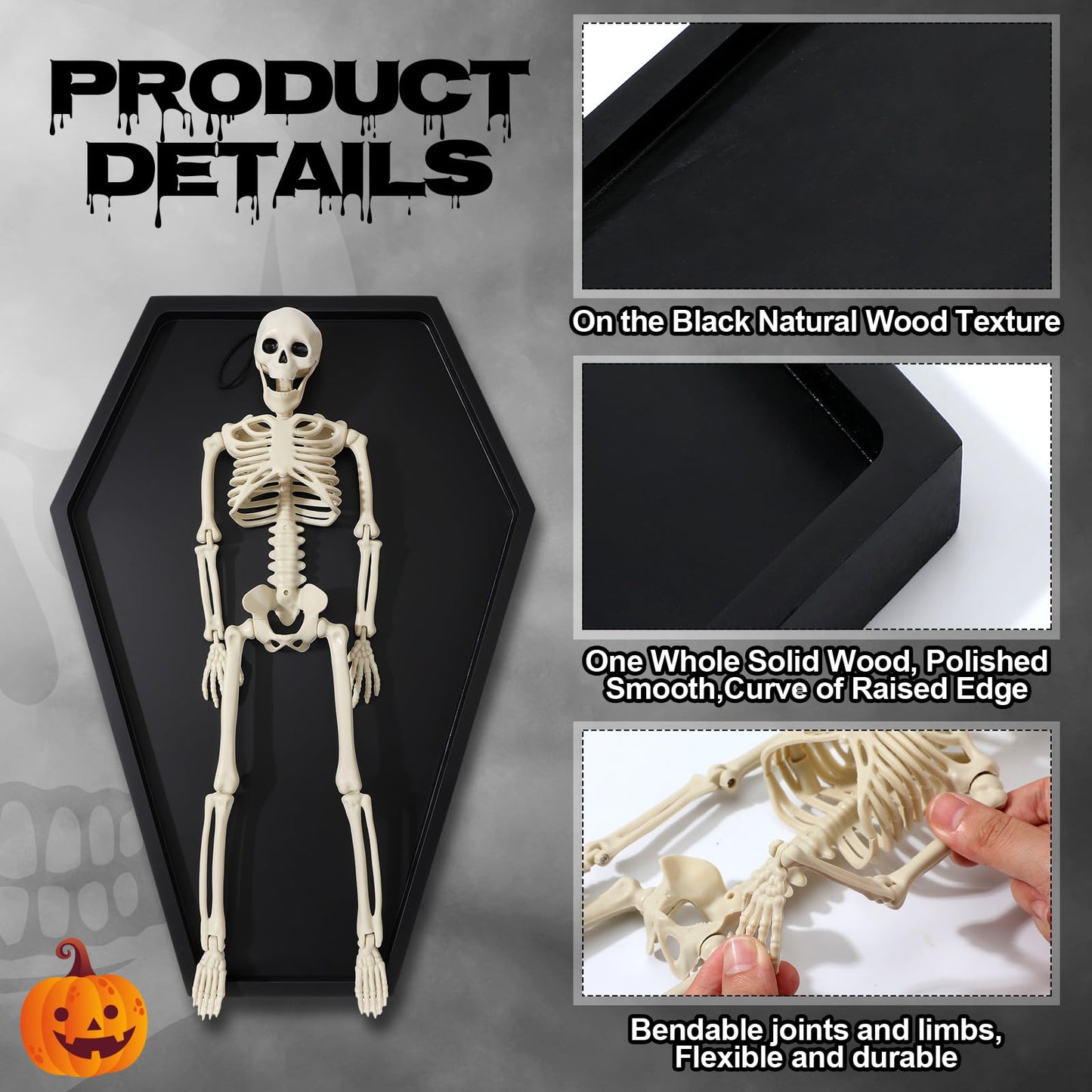 Seeloowy 17.8'' Halloween Coffin Charcuterie Board with 16" Skeleton Large Wooden Coffin Serving Tray Board Skeleton Spooky Gothic Home Decor for Halloween Party Gothic Accessories