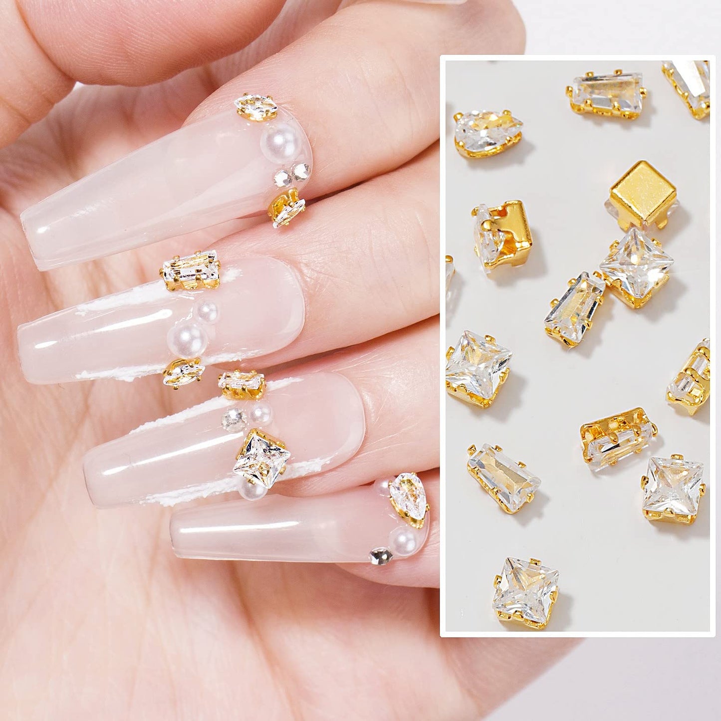 HNUIX 3D Nail Charms and Gems - 120Pcs Copper Metal Zircon, Gold Multiple Shape Smal Crystals Rhinestones, Nail Decorations Accessories for Nails Design